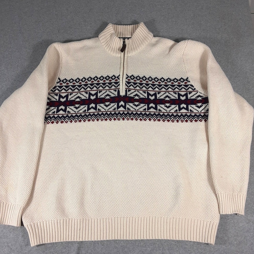 Izod Mens XL Cream Fair Isle Quarter Zip Seed Stitch Cotton Blend Sweater F2022